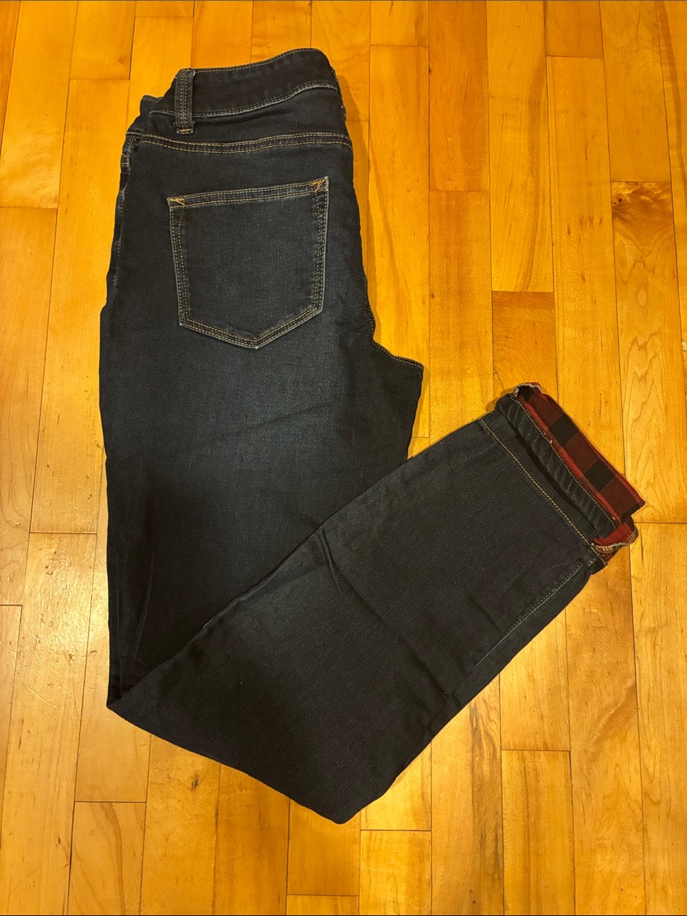Maurices Dark Indigo Jeans with Red Plaid Cuff